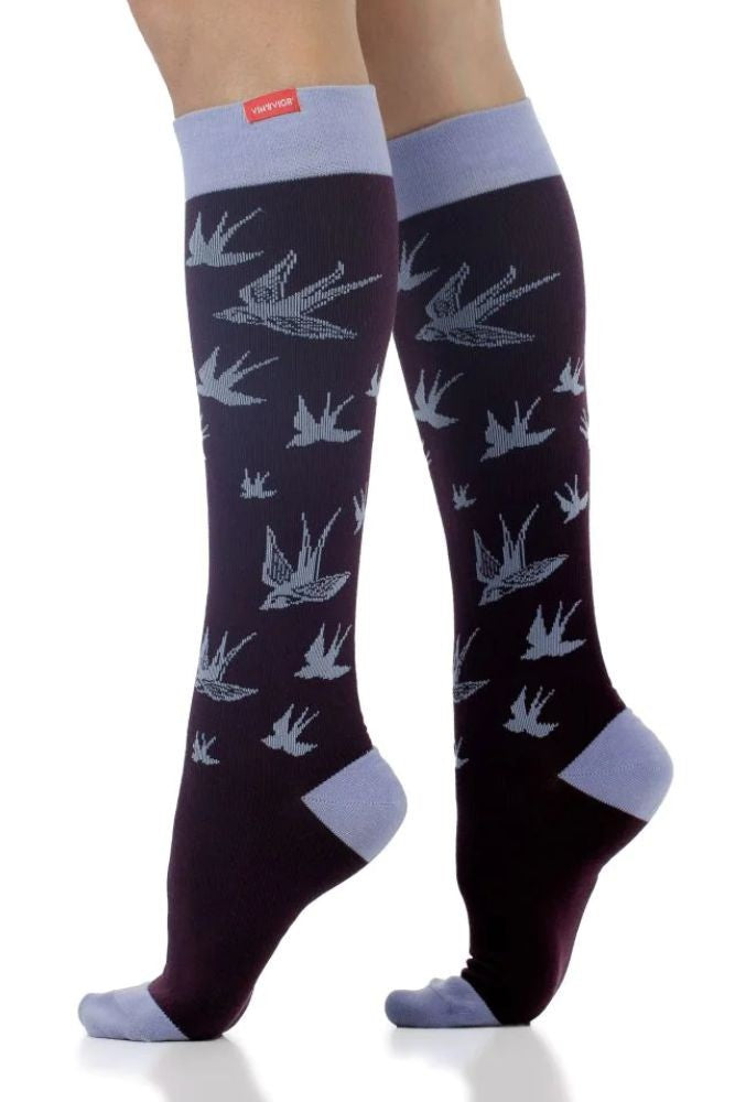 Vim & Vigr 15-20 mmHg Compression Socks - Cotton - Birds: Plum & Lavender - Wide Calf M/L